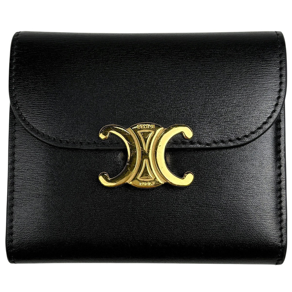 Celine Triomphe Tri fold Wallet Leather Black